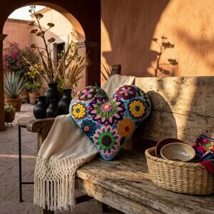 Mexican hand embroidered heart shape decorative pillow 15X14IN